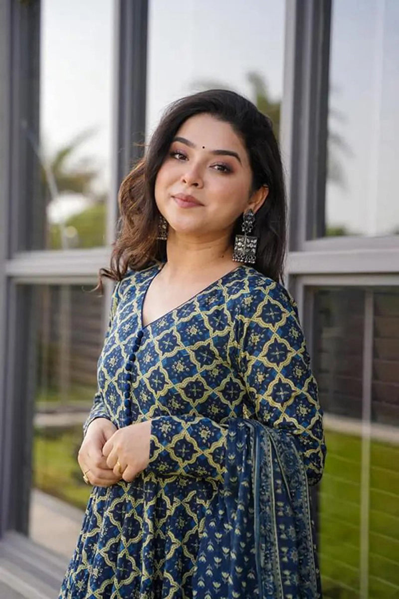 Blue Cotton Fabric Digital Printed Plazo Suit