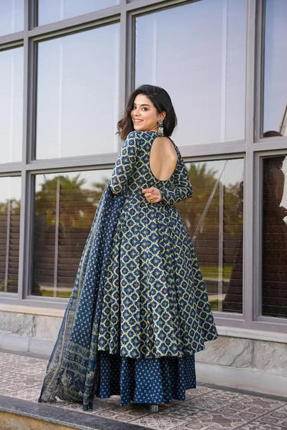 Blue Cotton Fabric Digital Printed Plazo Suit
