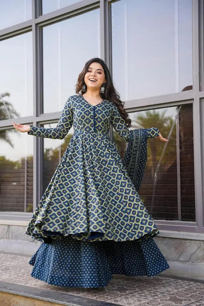 Blue Cotton Fabric Digital Printed Plazo Suit