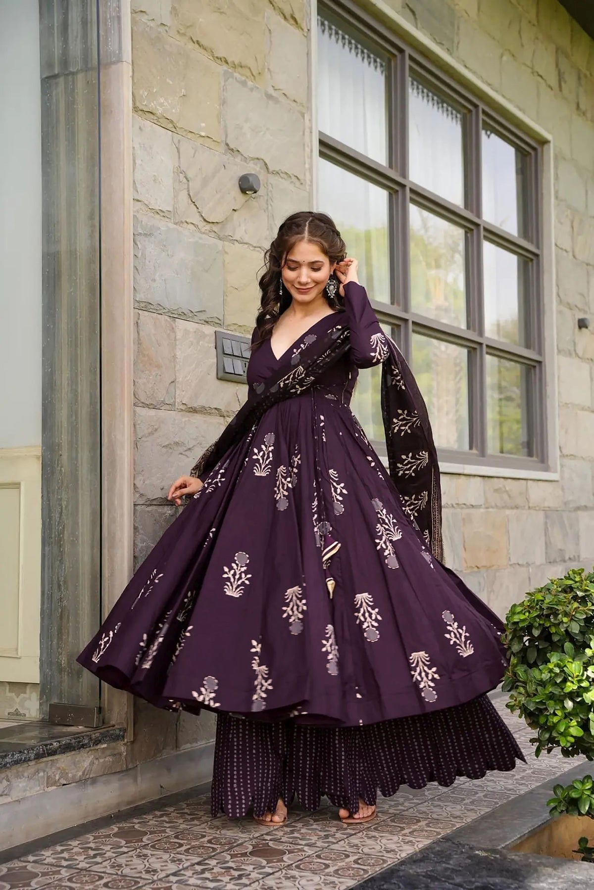 Purple Maslin Fabric Digital Printed Plazo Suit