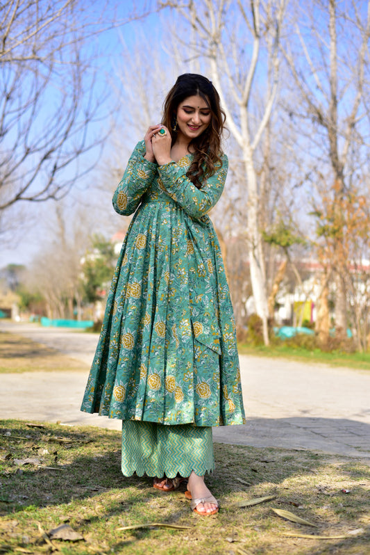 Elegant Sea Green Cotton Silk Top & Bottom Set with Designer Digital Prints