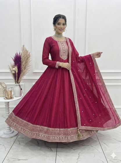 Aadhya Pink Vichitra Silk Anarkali Gown with Dupatta Set