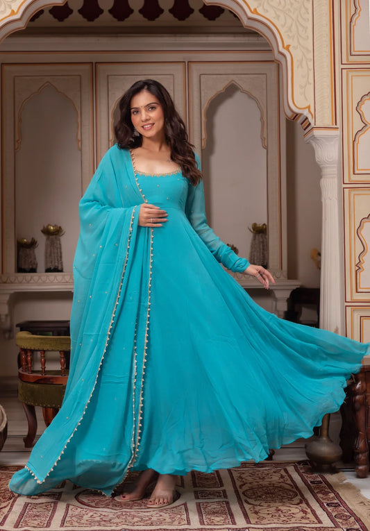 Shruthi Handwork Faux Georgette Gown Set with Crepe Pant
