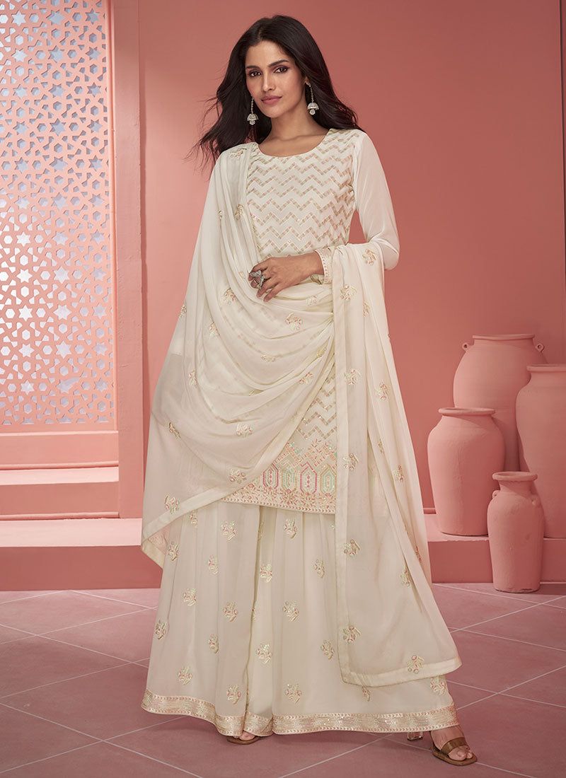 White Gold Embroidered Chinon Suit Set