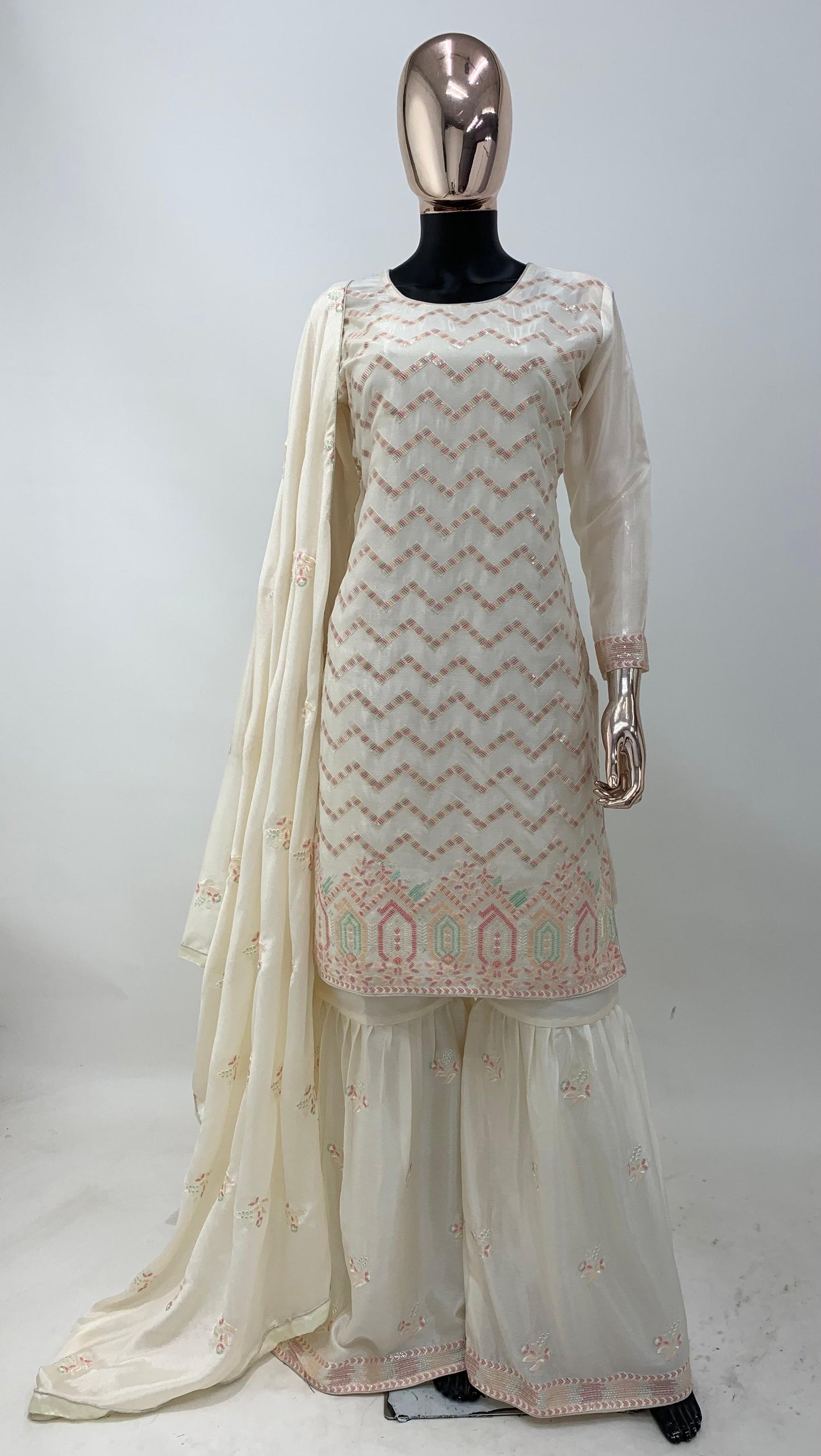 White Gold Embroidered Chinon Suit Set