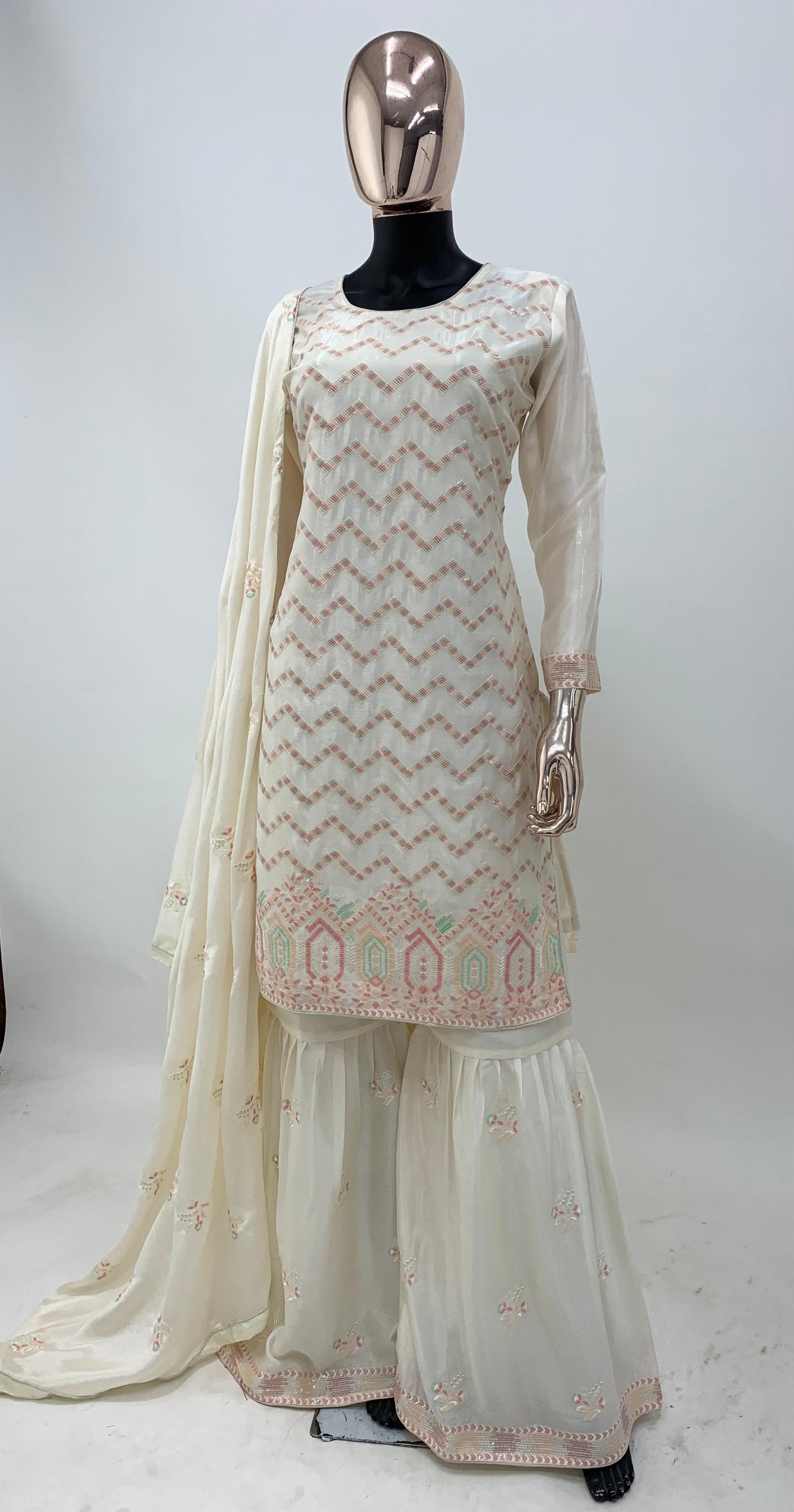 White Gold Embroidered Chinon Suit Set