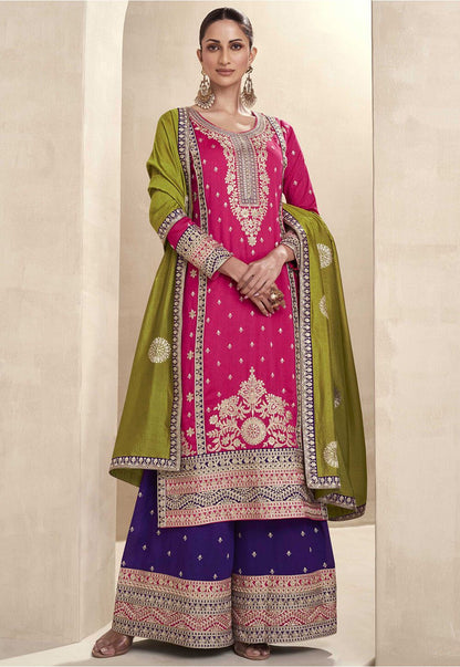 Vichitra Silk Pink And Blue Embroidered Sharara Suit
