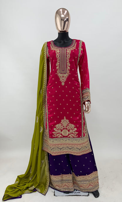 Vichitra Silk Pink And Blue Embroidered Sharara Suit