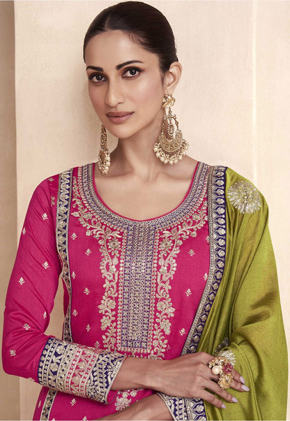 Vichitra Silk Pink And Blue Embroidered Sharara Suit