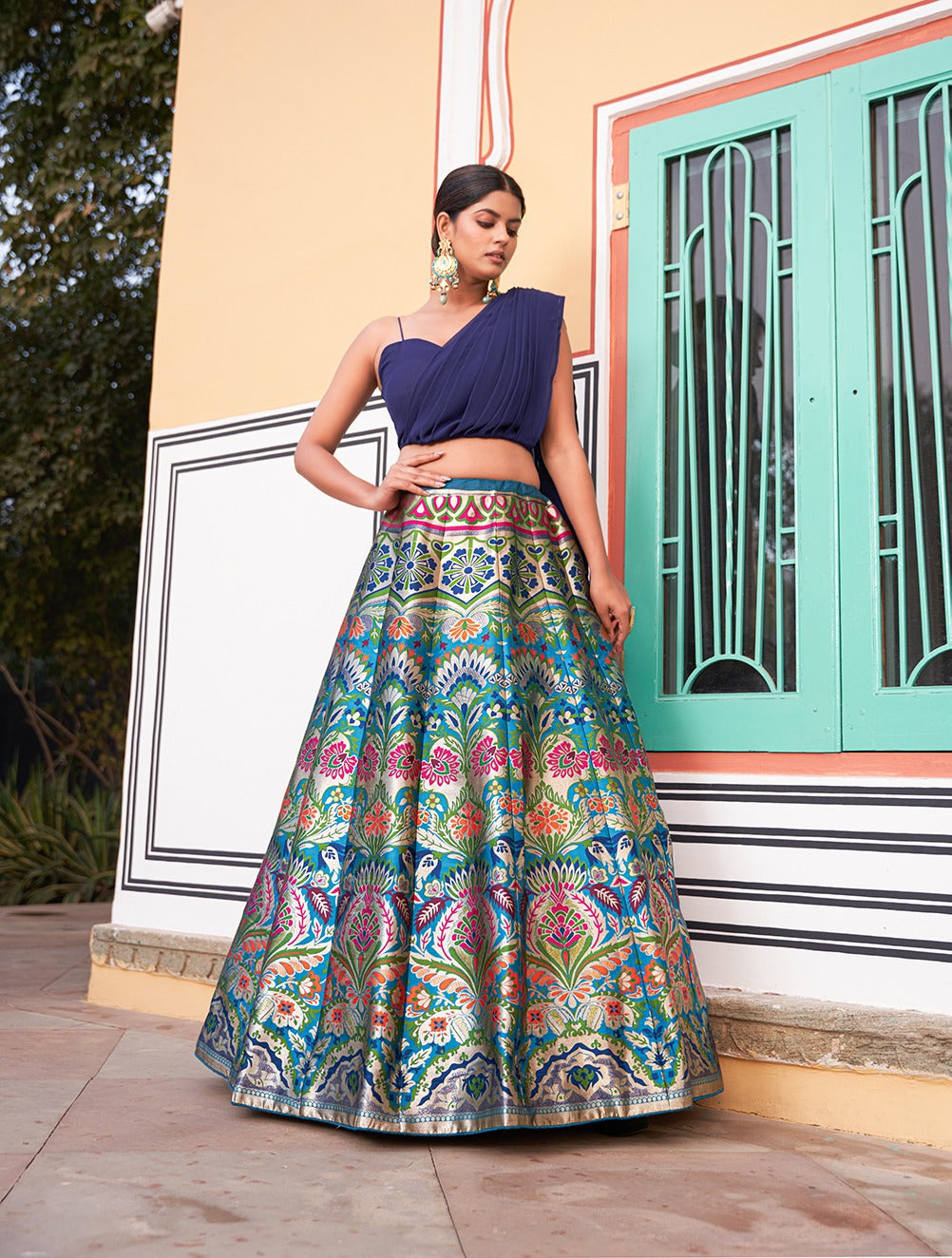 Nayika Blue Banarasi Bliss Stiched Crop Top Lehengha