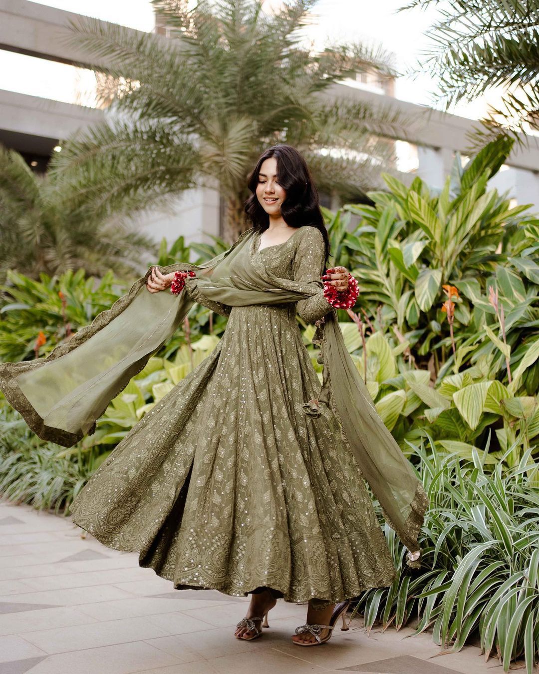 Green Forest Georgette Sequence Work Anakali