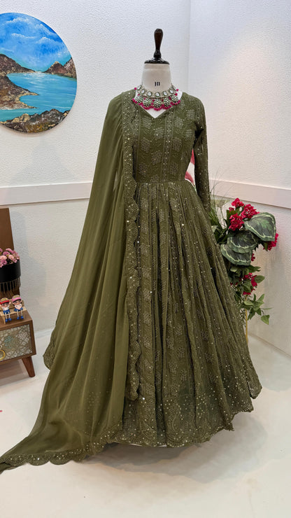 Green Forest Georgette Sequence Work Anakali