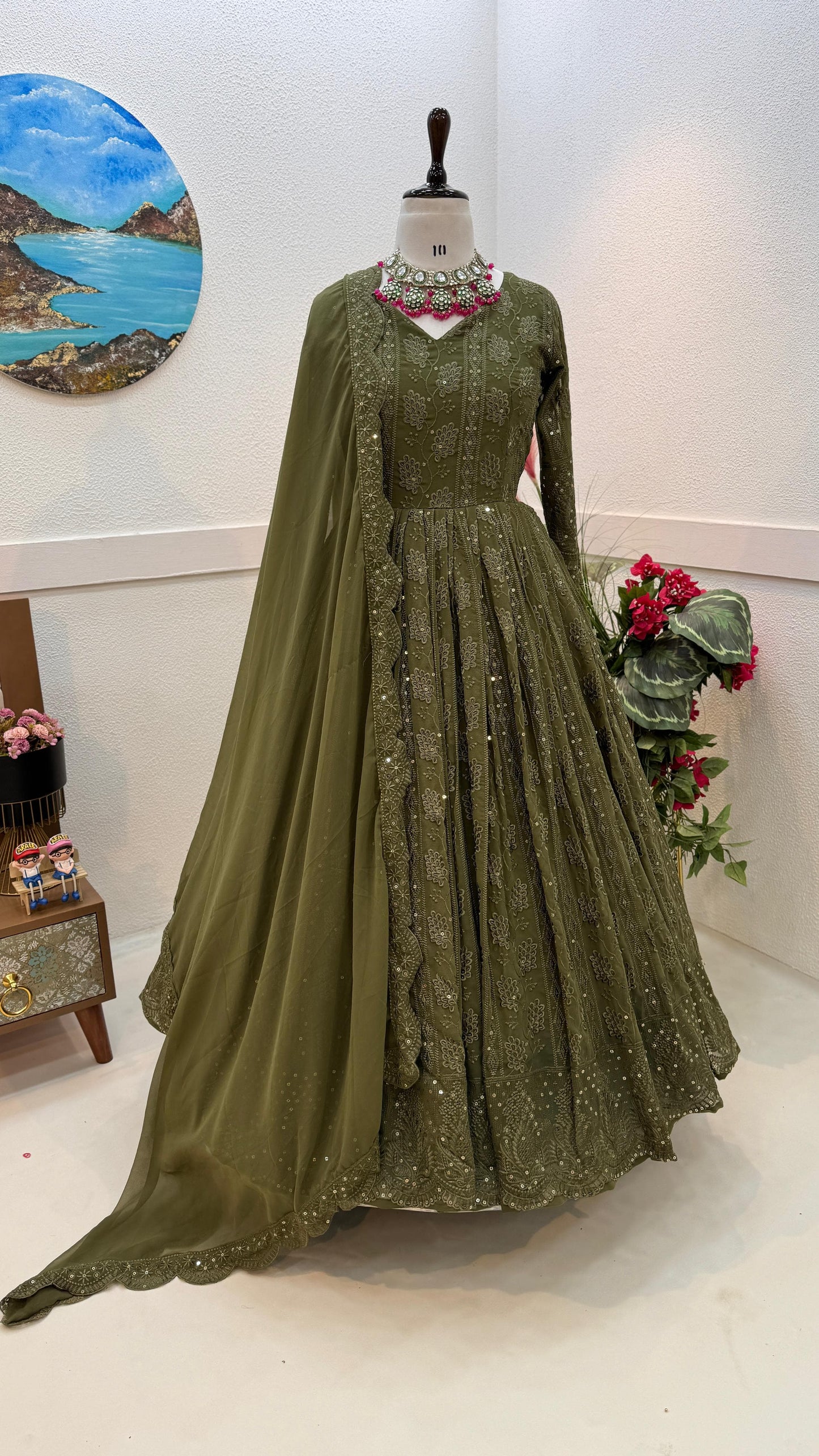 Green Forest Georgette Sequence Work Anakali