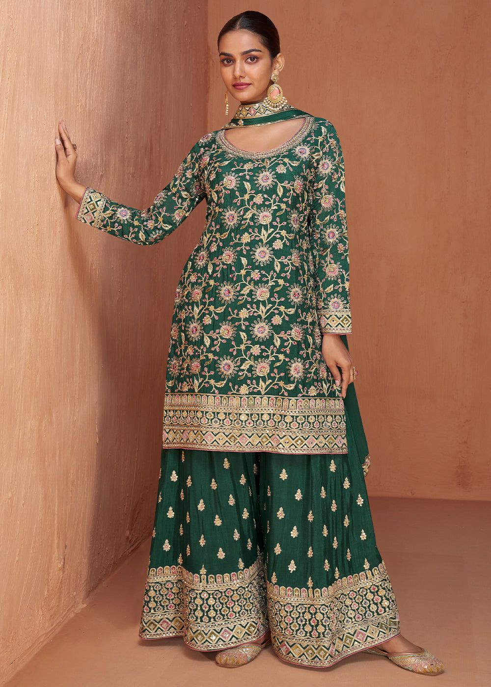 Haryali Green Chinon Embroidered Chinon Suit Set