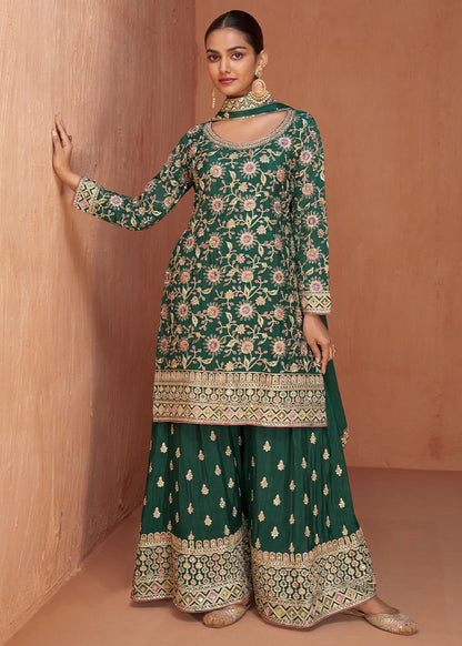 Haryali Green Chinon Embroidered Chinon Suit Set