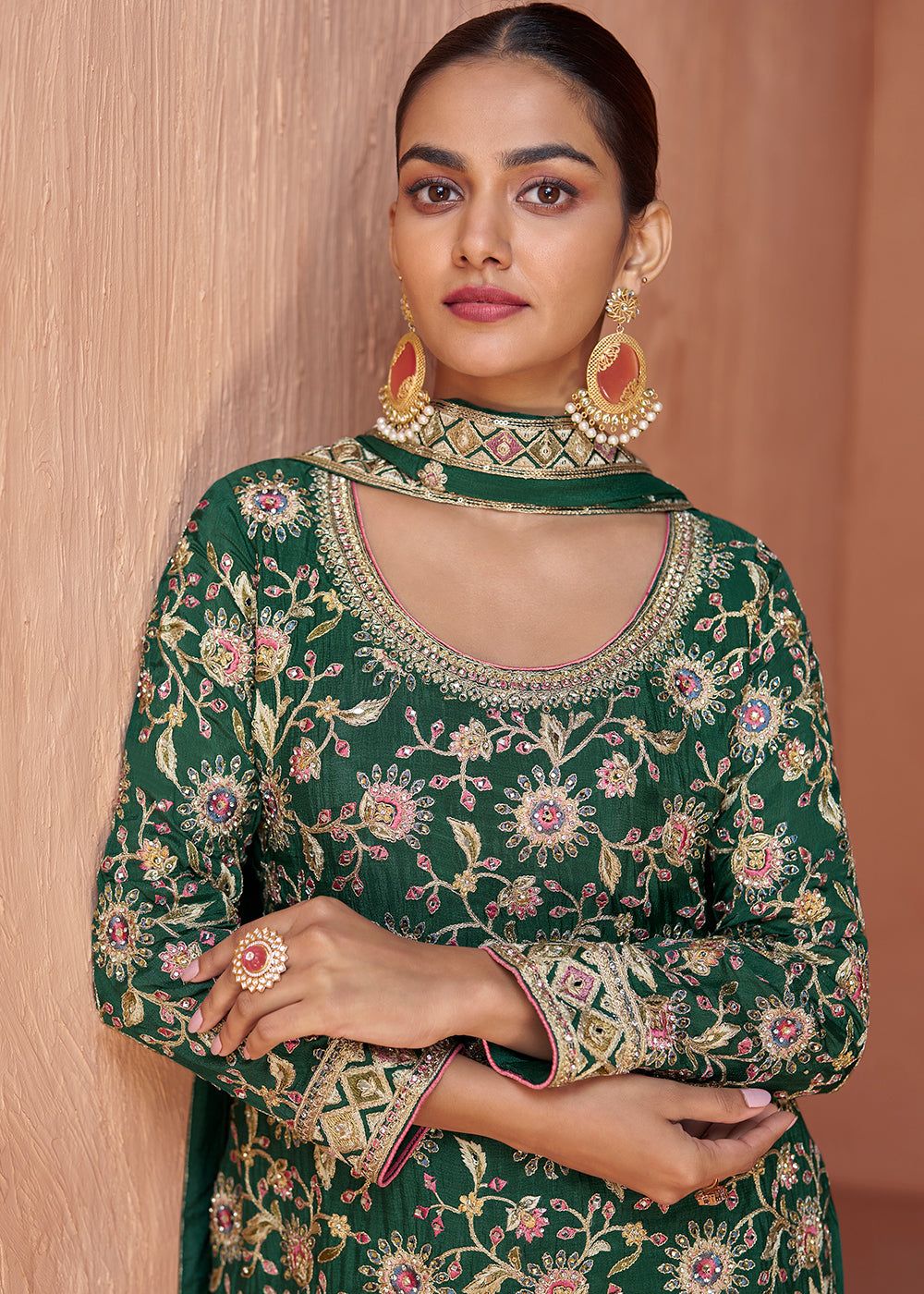 Haryali Green Chinon Embroidered Chinon Suit Set