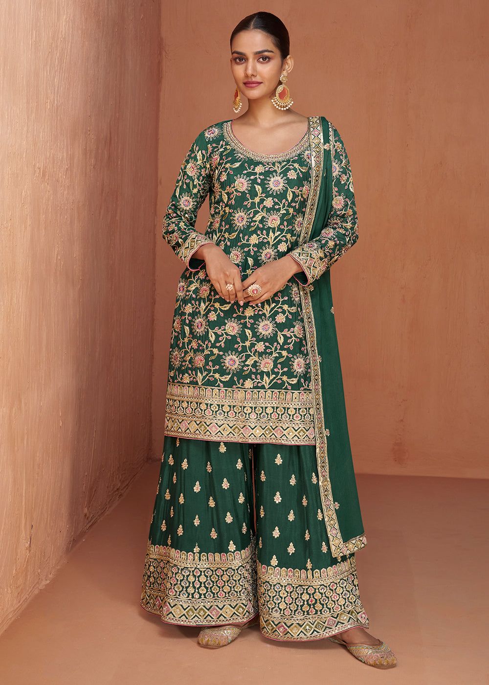 Haryali Green Chinon Embroidered Chinon Suit Set
