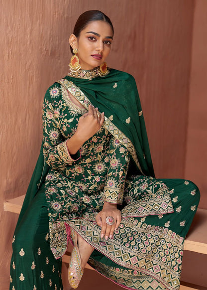 Haryali Green Chinon Embroidered Chinon Suit Set