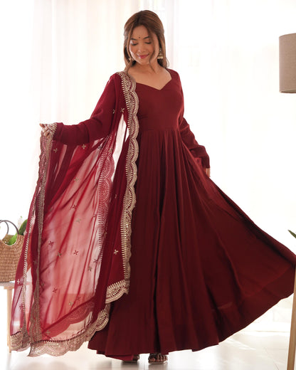 Red Masakali Pure Roman Silk Fully Flare Anarkali