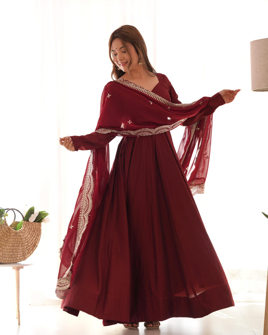 Red Masakali Pure Roman Silk Fully Flare Anarkali