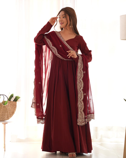 Red Masakali Pure Roman Silk Fully Flare Anarkali