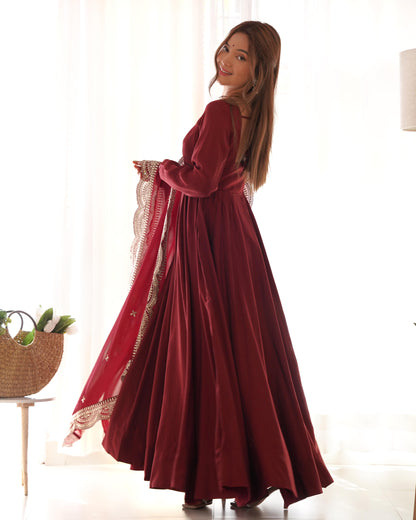 Red Masakali Pure Roman Silk Fully Flare Anarkali