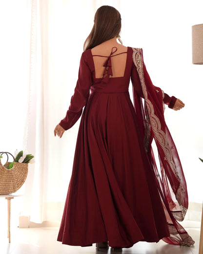 Red Masakali Pure Roman Silk Fully Flare Anarkali