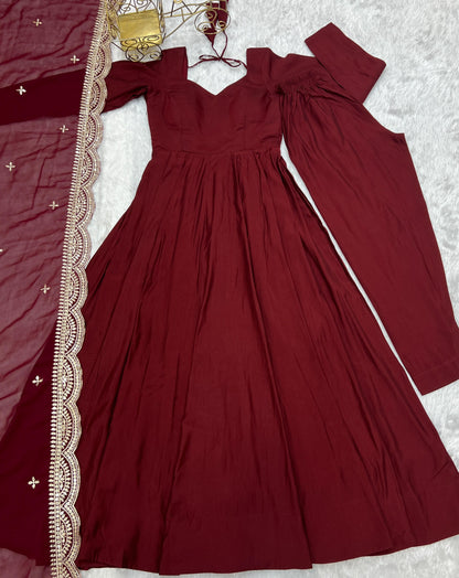 Red Masakali Pure Roman Silk Fully Flare Anarkali