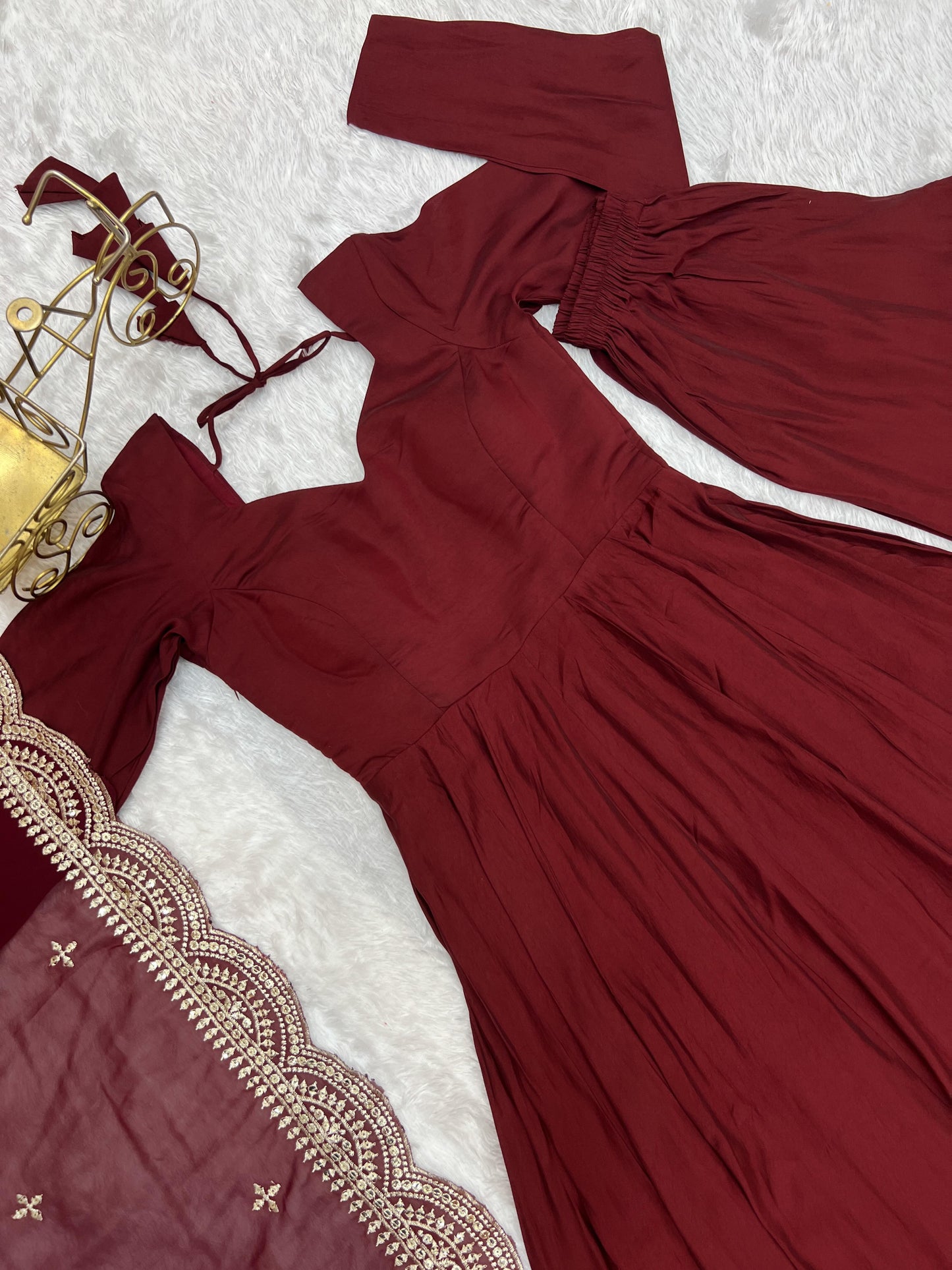 Red Masakali Pure Roman Silk Fully Flare Anarkali