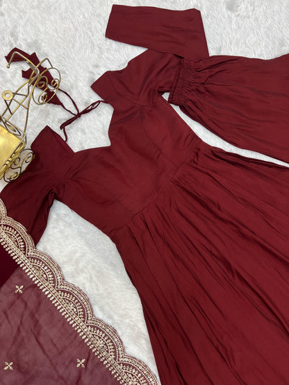Red Masakali Pure Roman Silk Fully Flare Anarkali