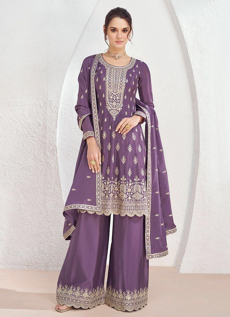 Lavender Bliss Stunning Embroidered Chinon Suit Set