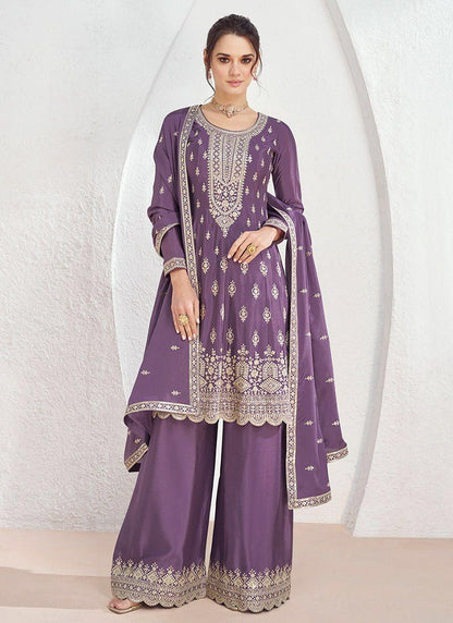Lavender Bliss Stunning Embroidered Chinon Suit Set