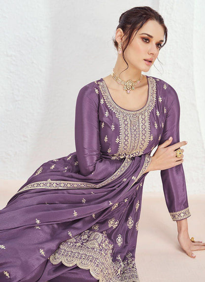Lavender Bliss Stunning Embroidered Chinon Suit Set