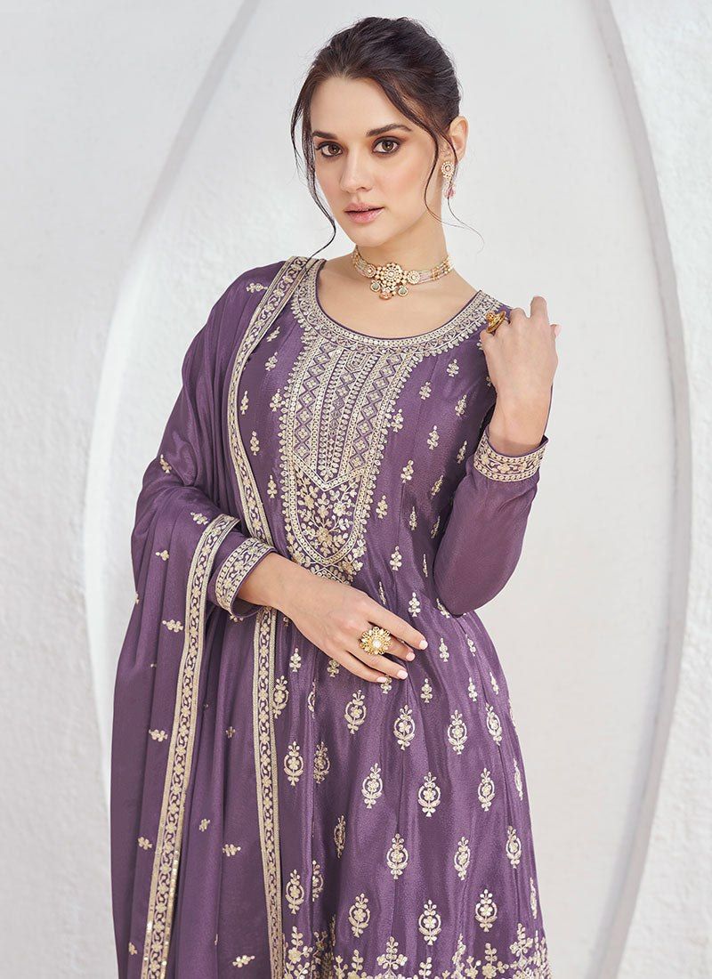 Lavender Bliss Stunning Embroidered Chinon Suit Set