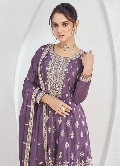 Lavender Bliss Stunning Embroidered Chinon Suit Set