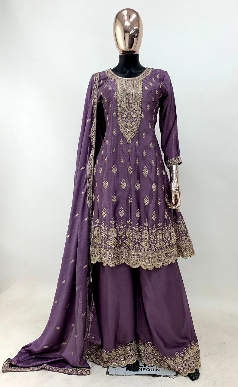 Lavender Bliss Stunning Embroidered Chinon Suit Set