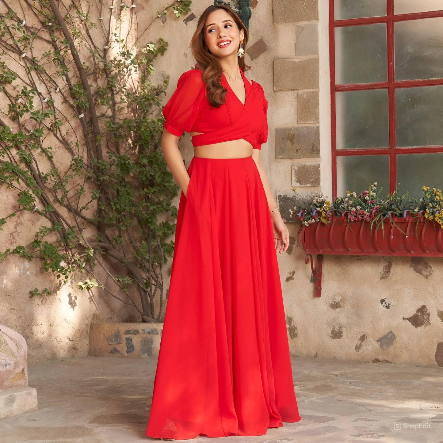 Stunning Stiched Red Georgette Lehenga Choli Set