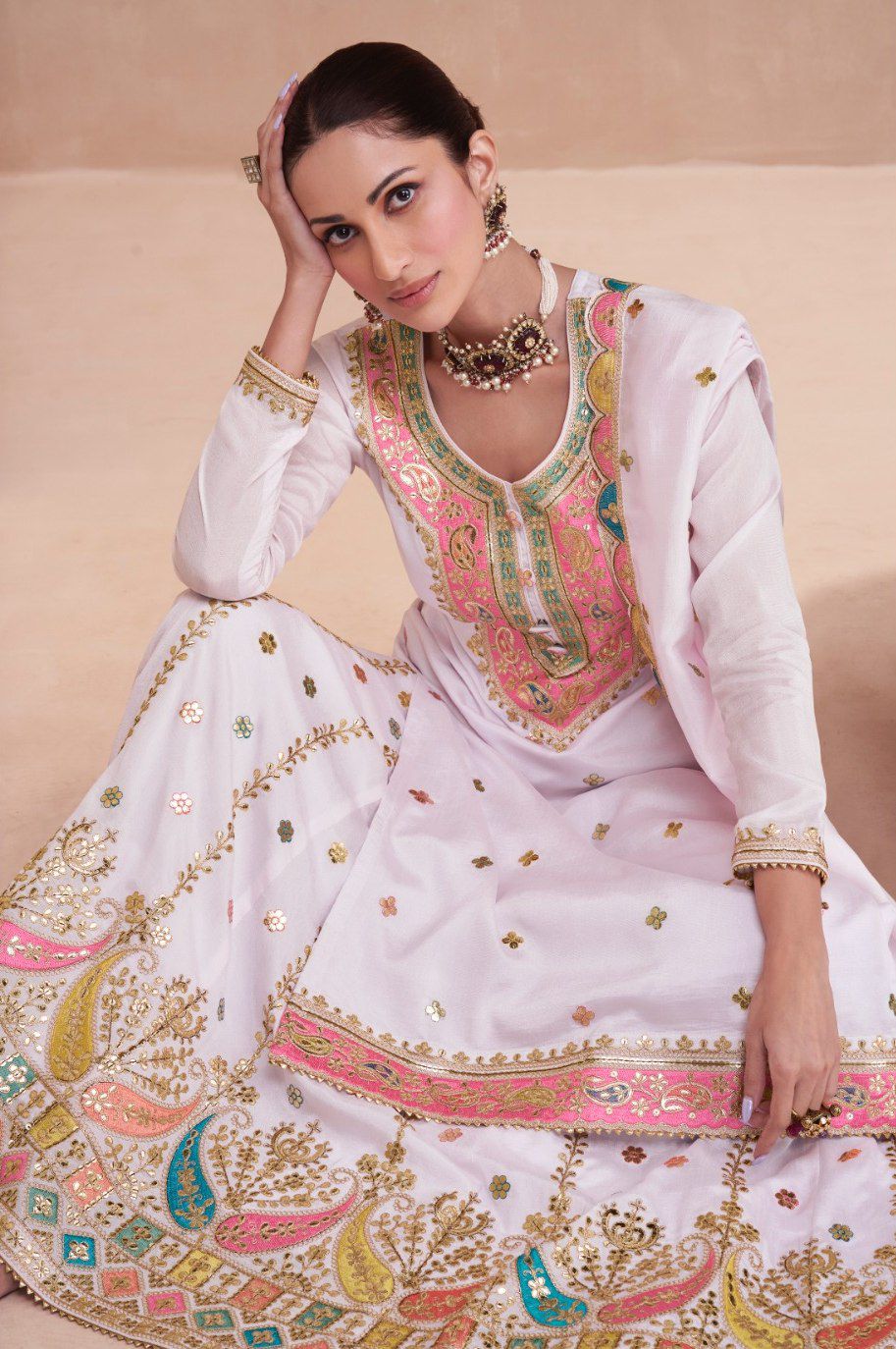 White Sukhmani Chinon Suit Set