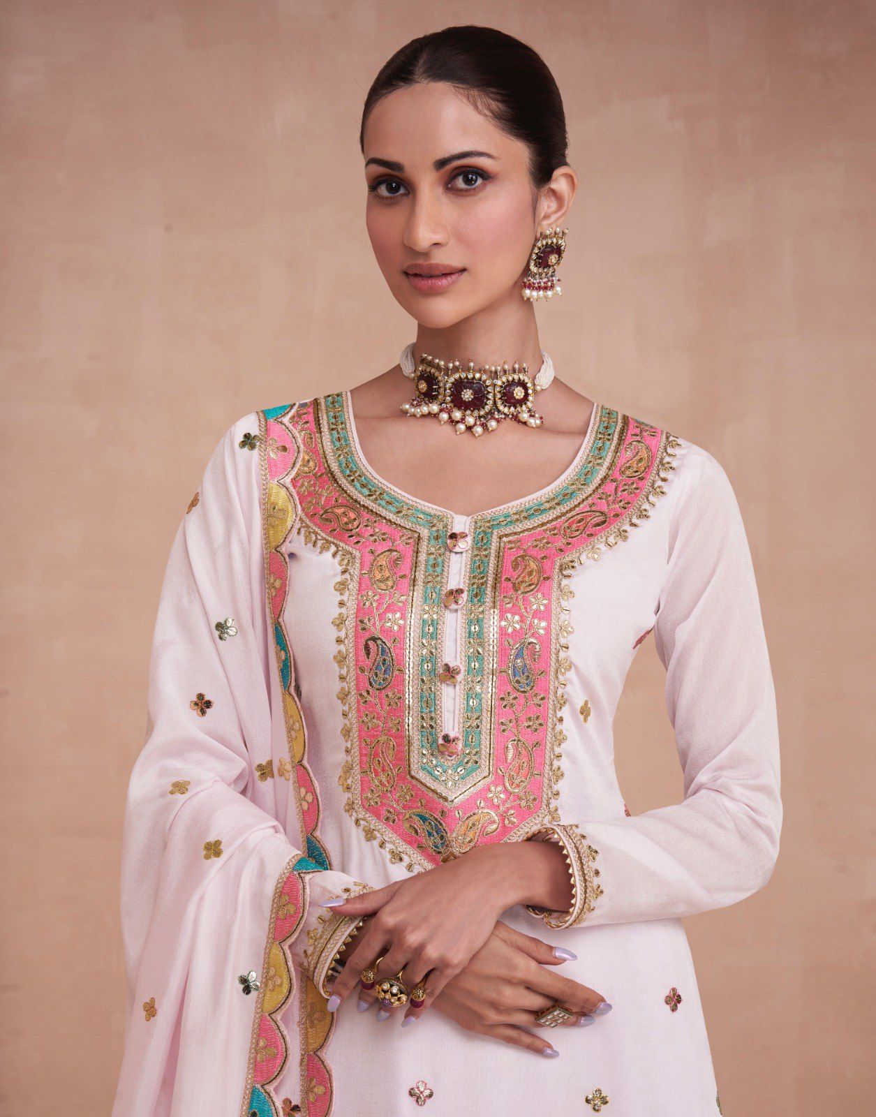 White Sukhmani Chinon Suit Set
