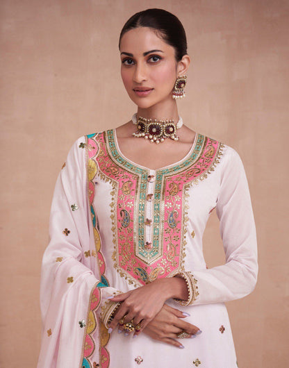White Sukhmani Chinon Suit Set