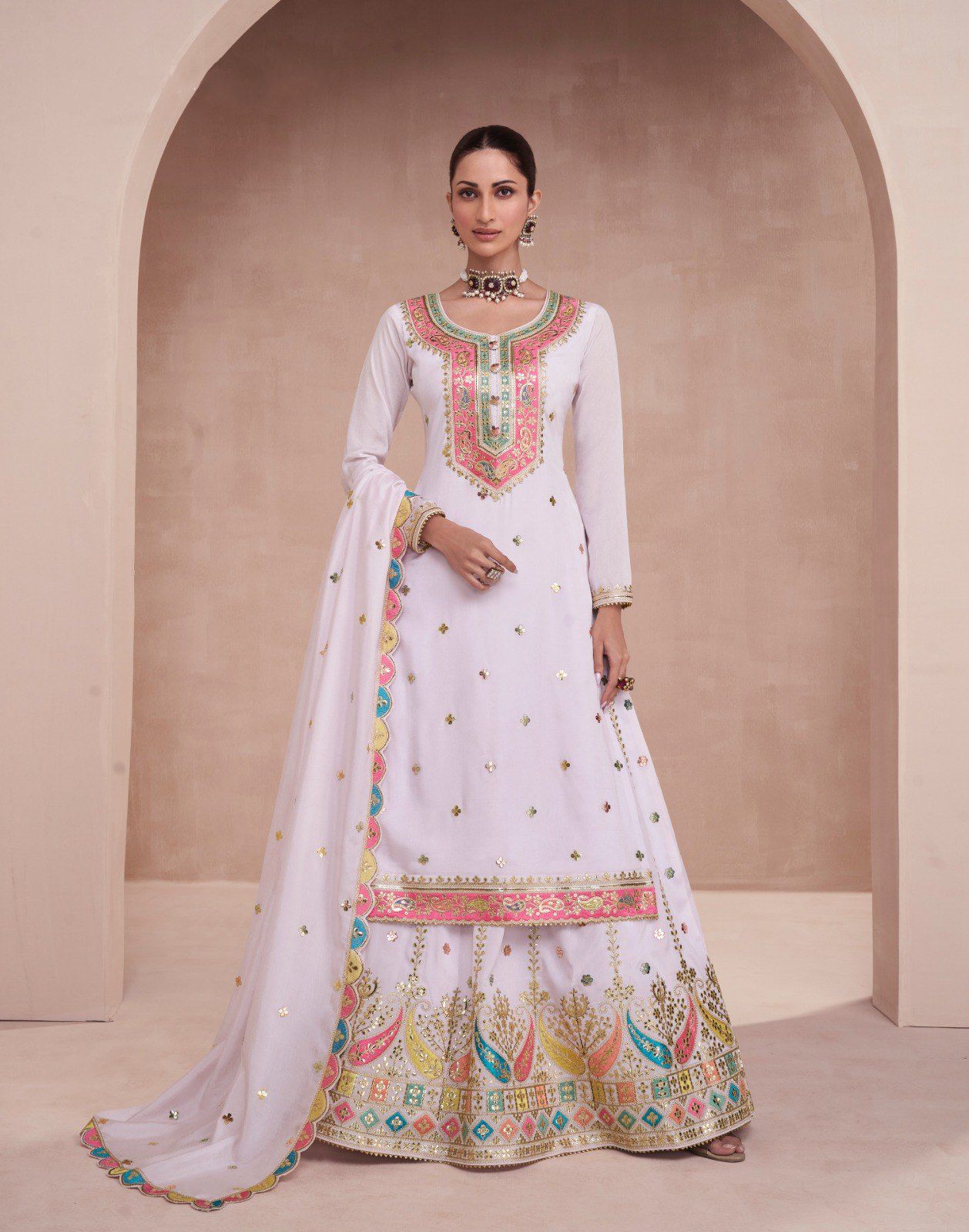 White Sukhmani Chinon Suit Set