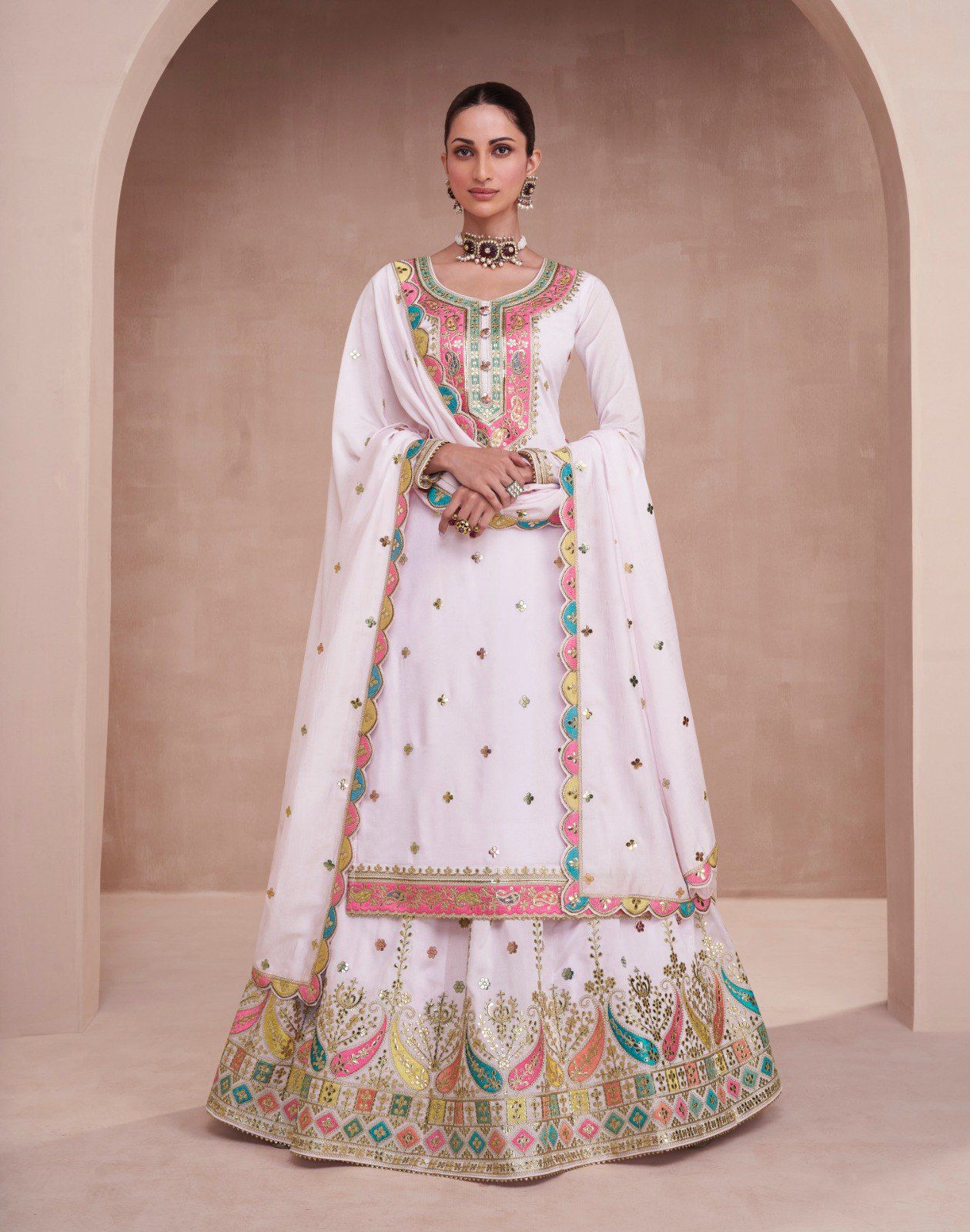 White Sukhmani Chinon Suit Set