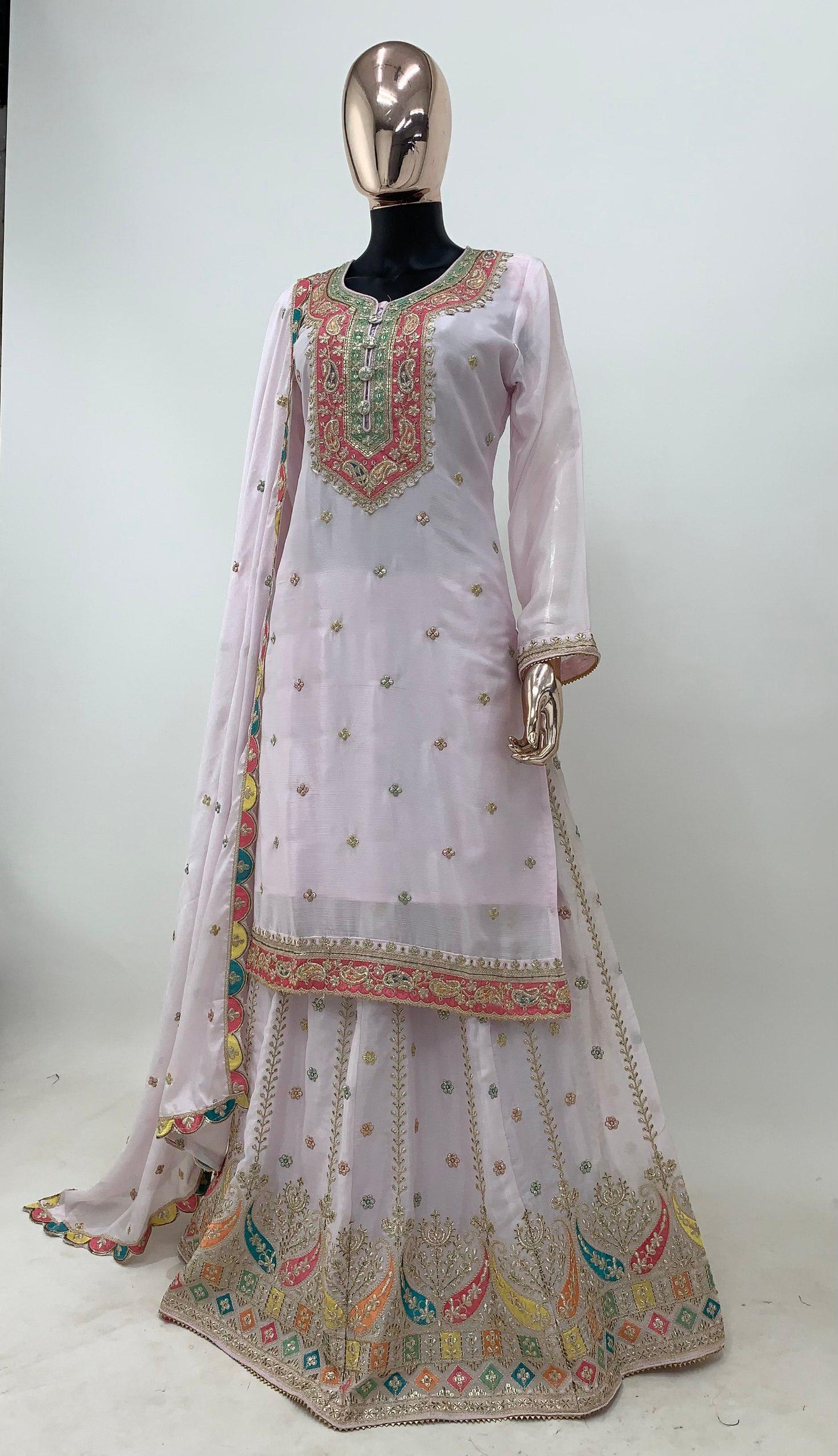 White Sukhmani Chinon Suit Set