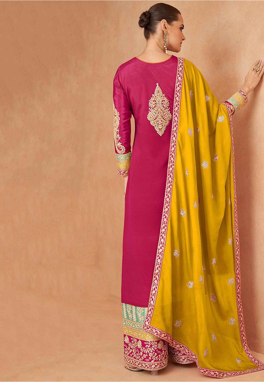 Multi Colour Chinon Fabric Embroidered Suit Set