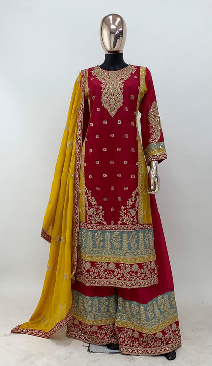 Multi Colour Chinon Fabric Embroidered Suit Set