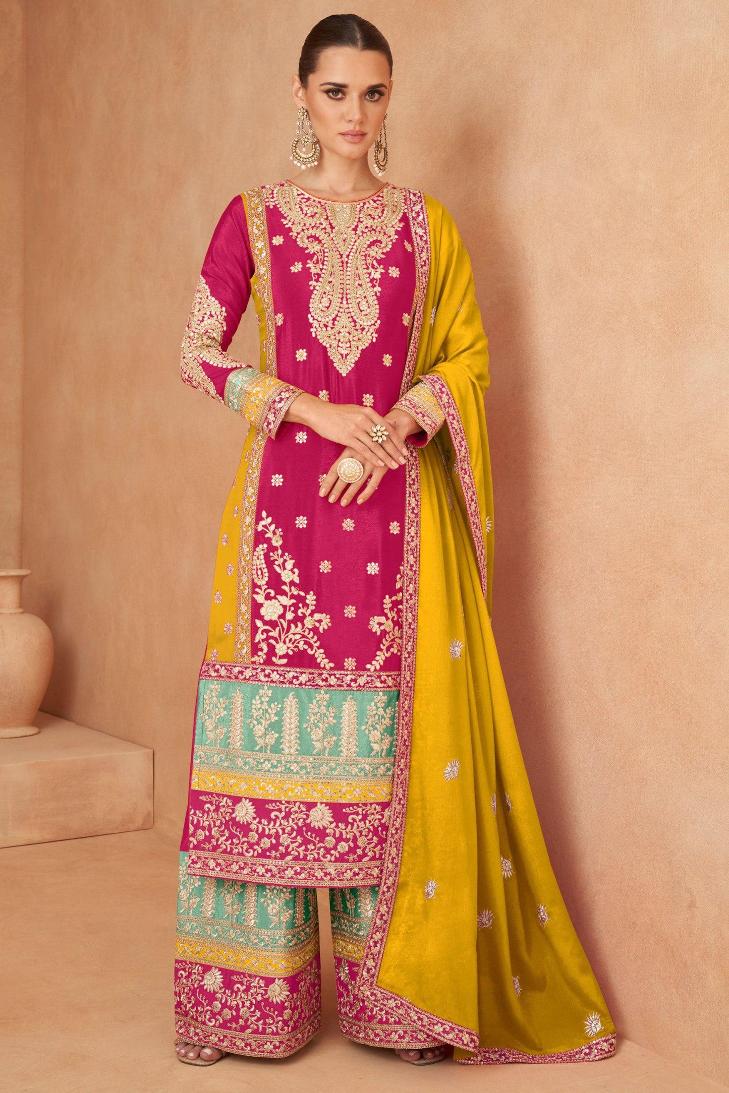 Multi Colour Chinon Fabric Embroidered Suit Set