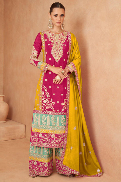 Multi Colour Chinon Fabric Embroidered Suit Set