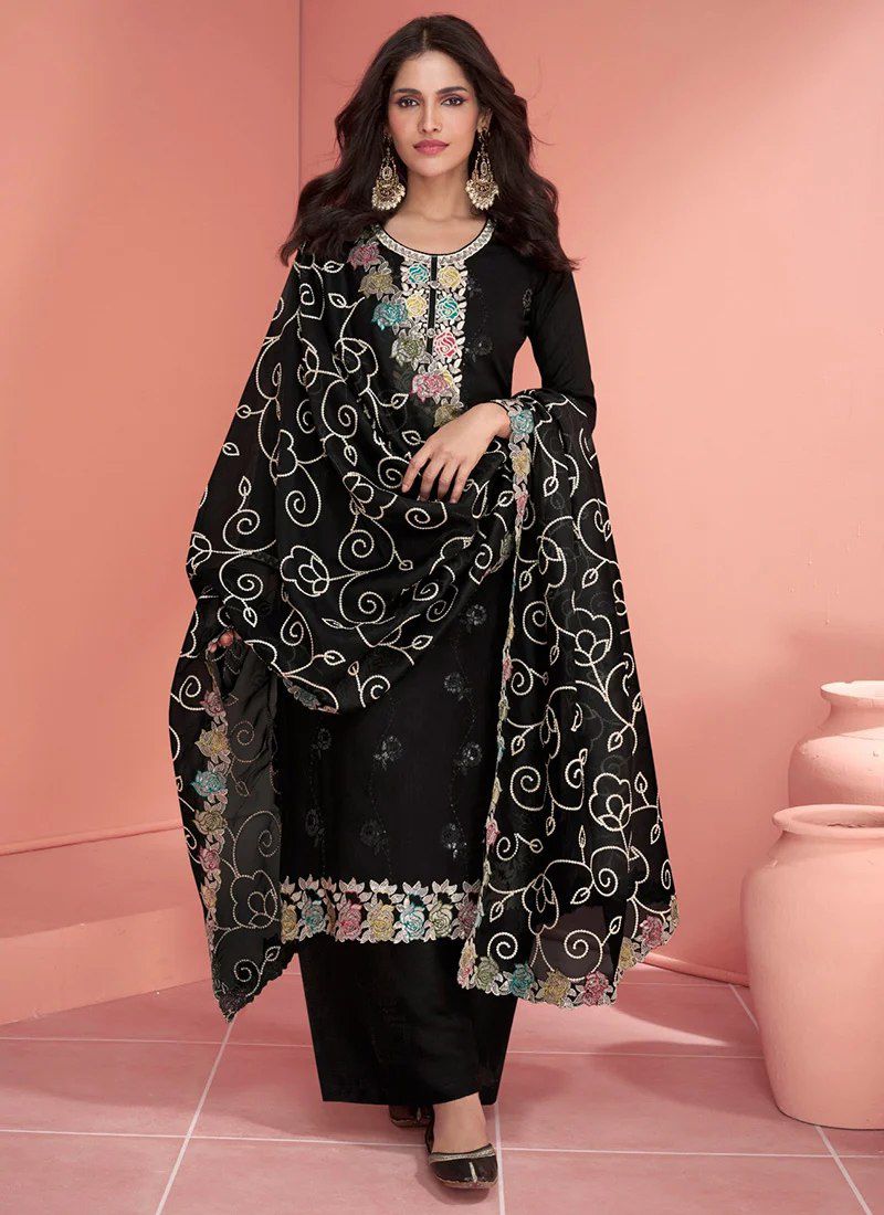 Black Colour Vichitra Silk Embroidered Suit Set