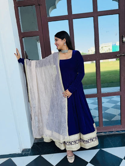Advika Royal Blue Velvet Suit Set