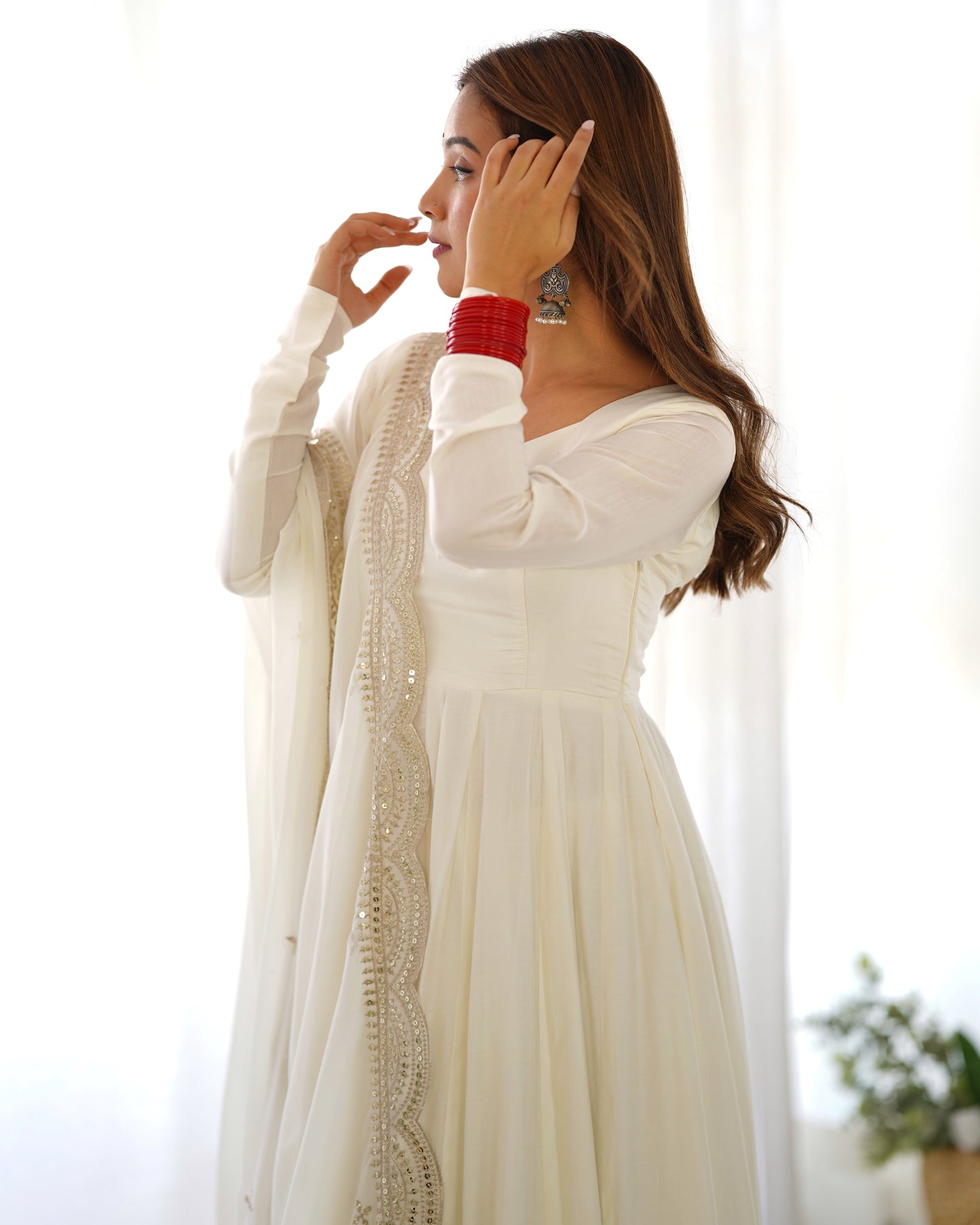White Mastani Roman Silk Fully Flare Anarkali Gown